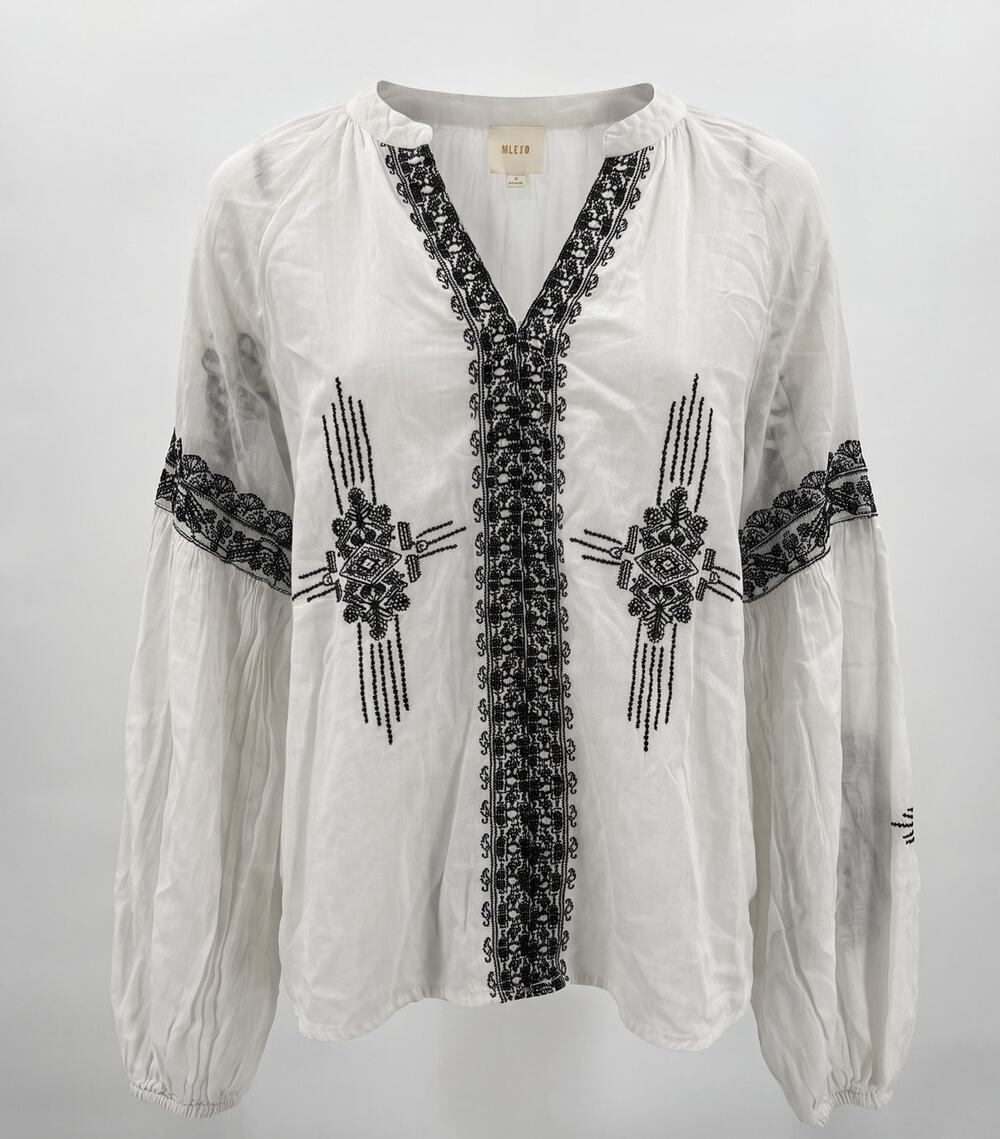 Maeve Anthropologie White Black Embroidered Boho Blouse Small